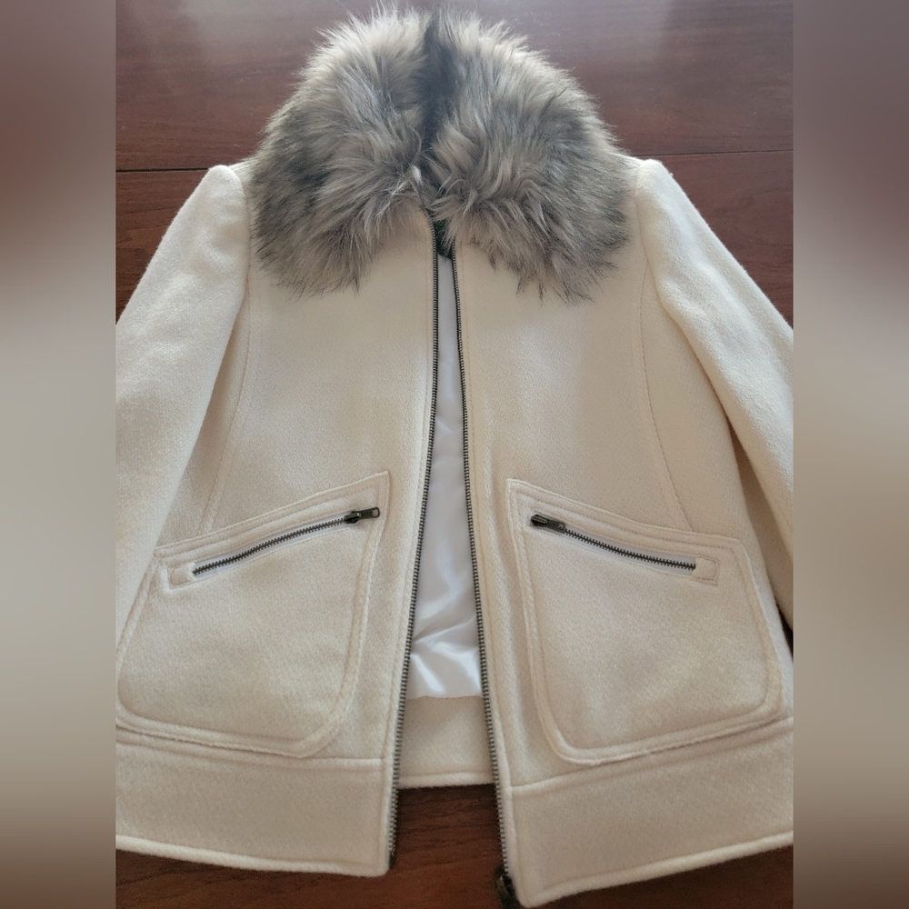 NWT Lauren Ralph Lauren Cream Wool Jacket Removable Faux Fur Collar Small Zip - Picture 10 of 16